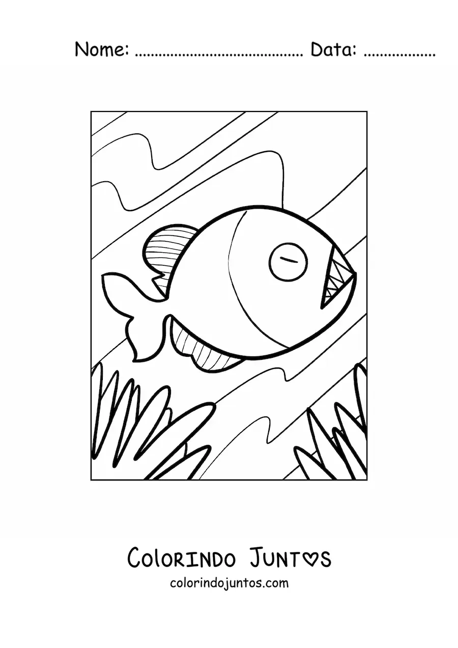 Desenho para colorir de uma piranha animada nadando no fundo do rio