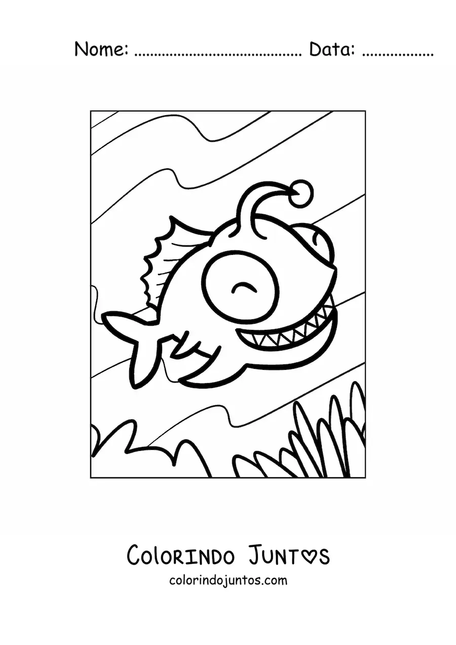 Desenho para colorir de um peixe-lanterna animado sorridente nadando no fundo do mar