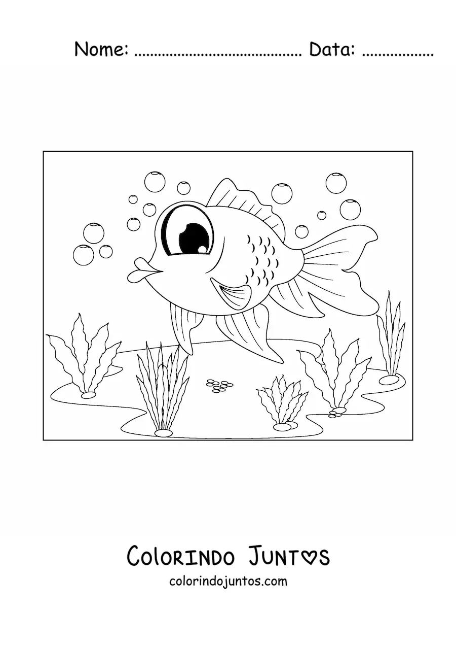 Desenho para colorir de um desenho de um peixe-dourado de olhos grandes nadando entre algas