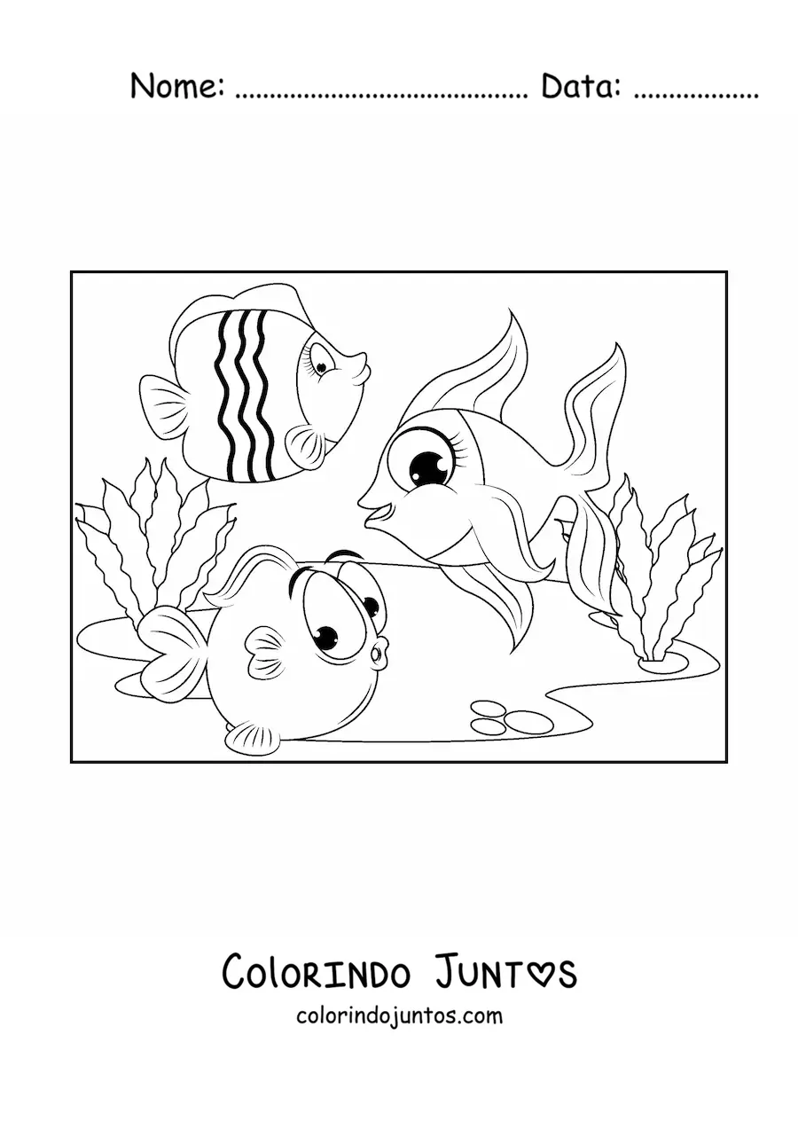 Desenho para colorir de tres peixes animados nadando juntos entre algas marinhas
