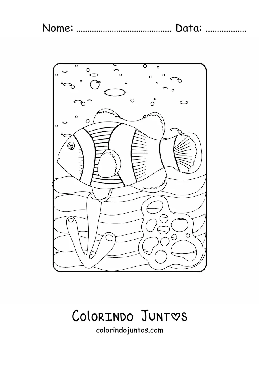 Desenho para colorir de um peixe-palhaco nadando entre corais no mar