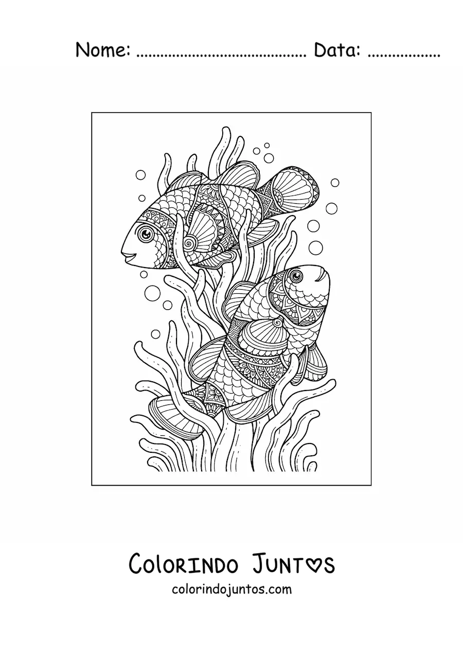 Desenho para colorir de dois peixes nadando entre algas marinhas