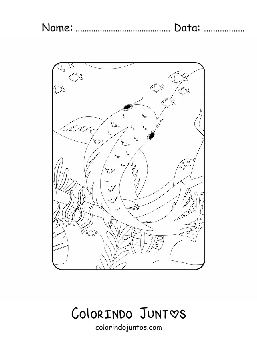 Desenho para colorir de um peixe koi nadando no recife com outros peixes