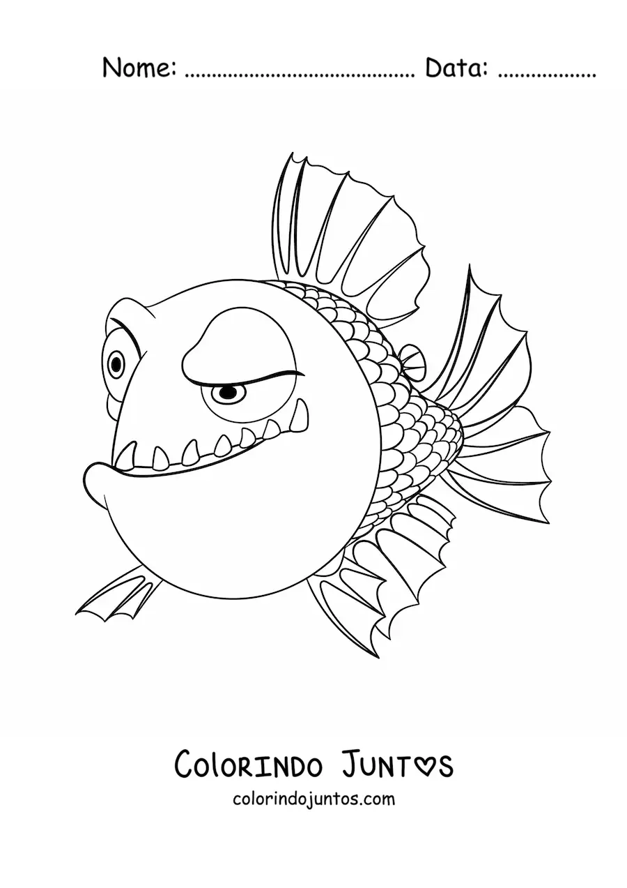 Desenho para colorir de uma piranha animada com expressao de desconfianca