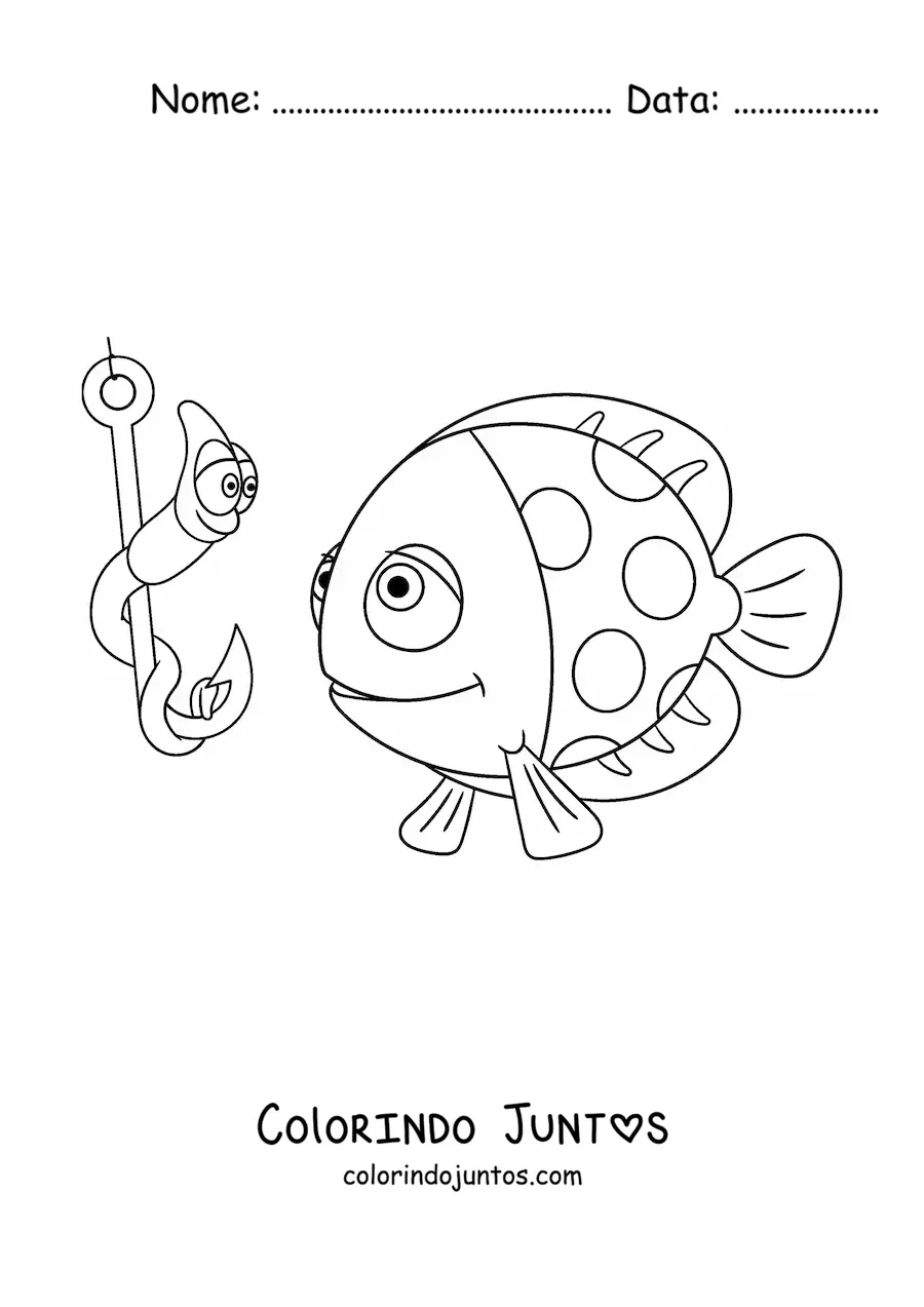 Desenho para colorir de um peixe animado junto a uma minhoca animada pendurada em um anzol