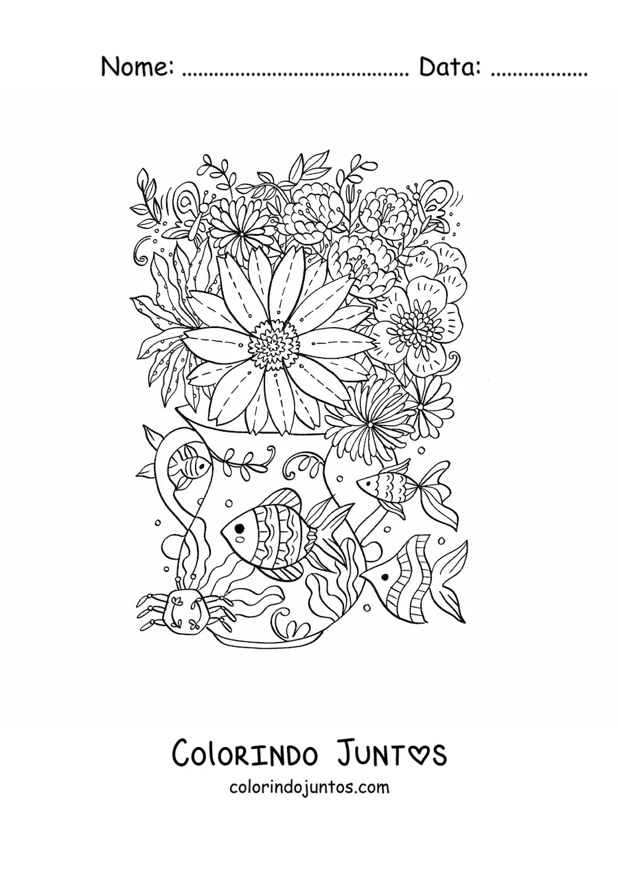 Desenho para colorir de varios peixes e um caranguejo junto a um vaso com flores e uma borboleta