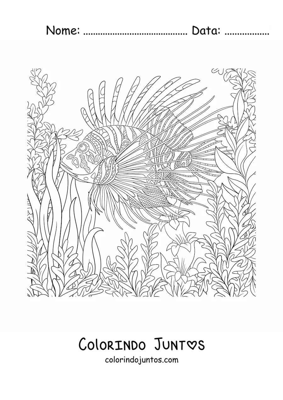 Desenho para colorir de um peixe-leao no fundo do mar nadando entre algas
