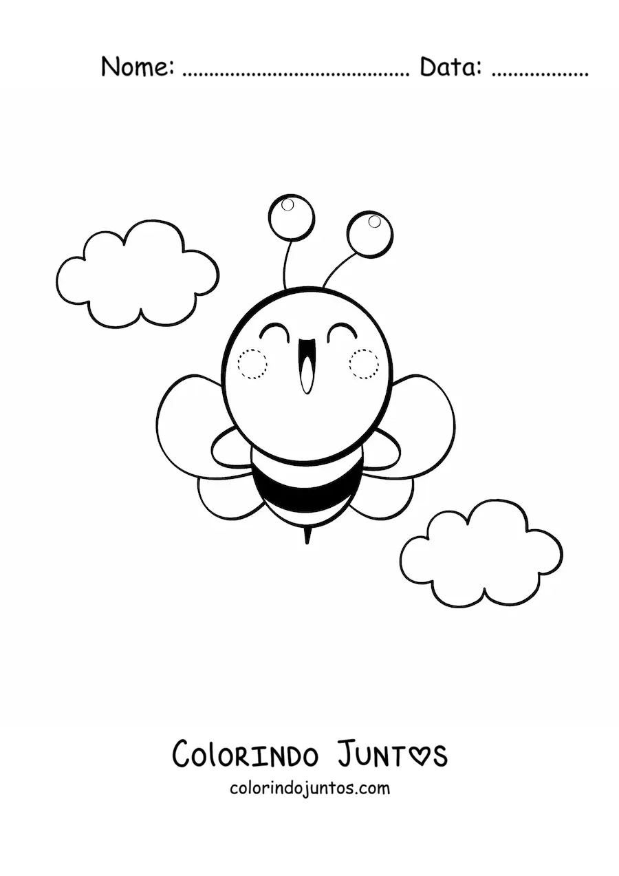 Desenho para colorir de uma abelha kawaii grande feliz voando no ceu com nuvens ao fundo