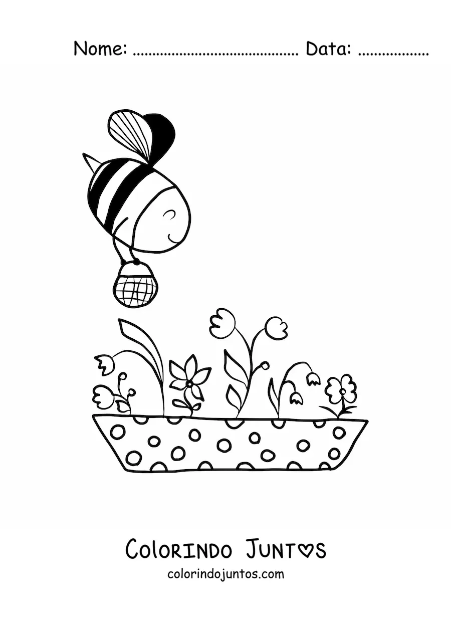 Desenho para colorir de uma abelha kawaii voando sobre varias flores levando uma cesta