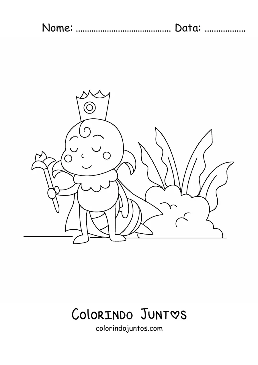 Desenho para colorir de uma abelha rainha animada usando coroa e cetro perto de umas plantas