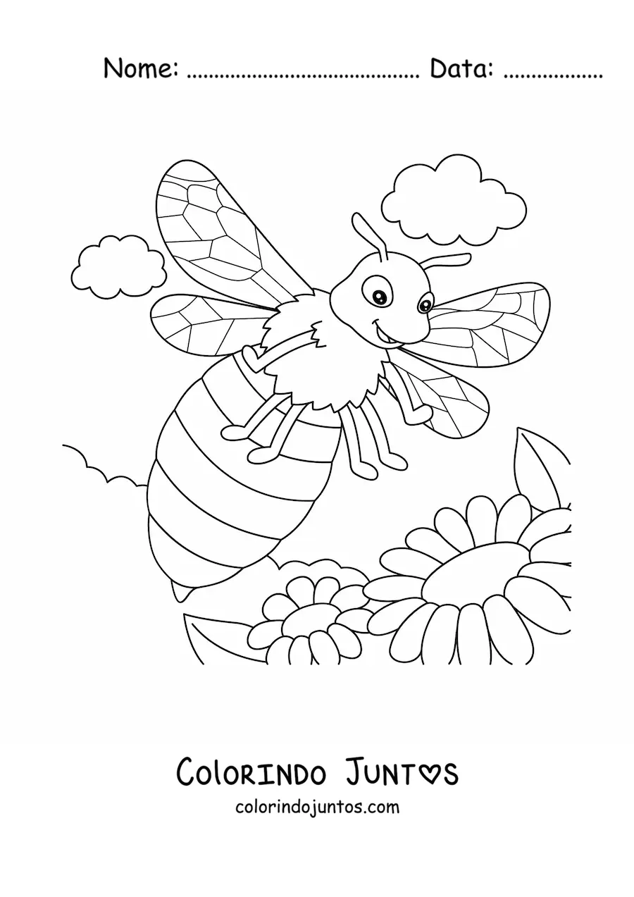Desenho para colorir de uma abelha animada grande voando entre as flores