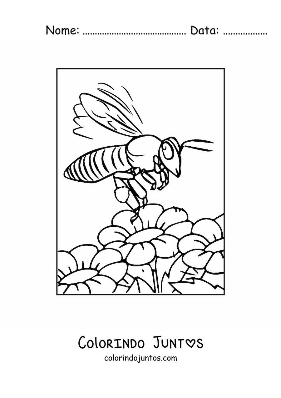Desenho para colorir de uma abelha realista voando sobre flores