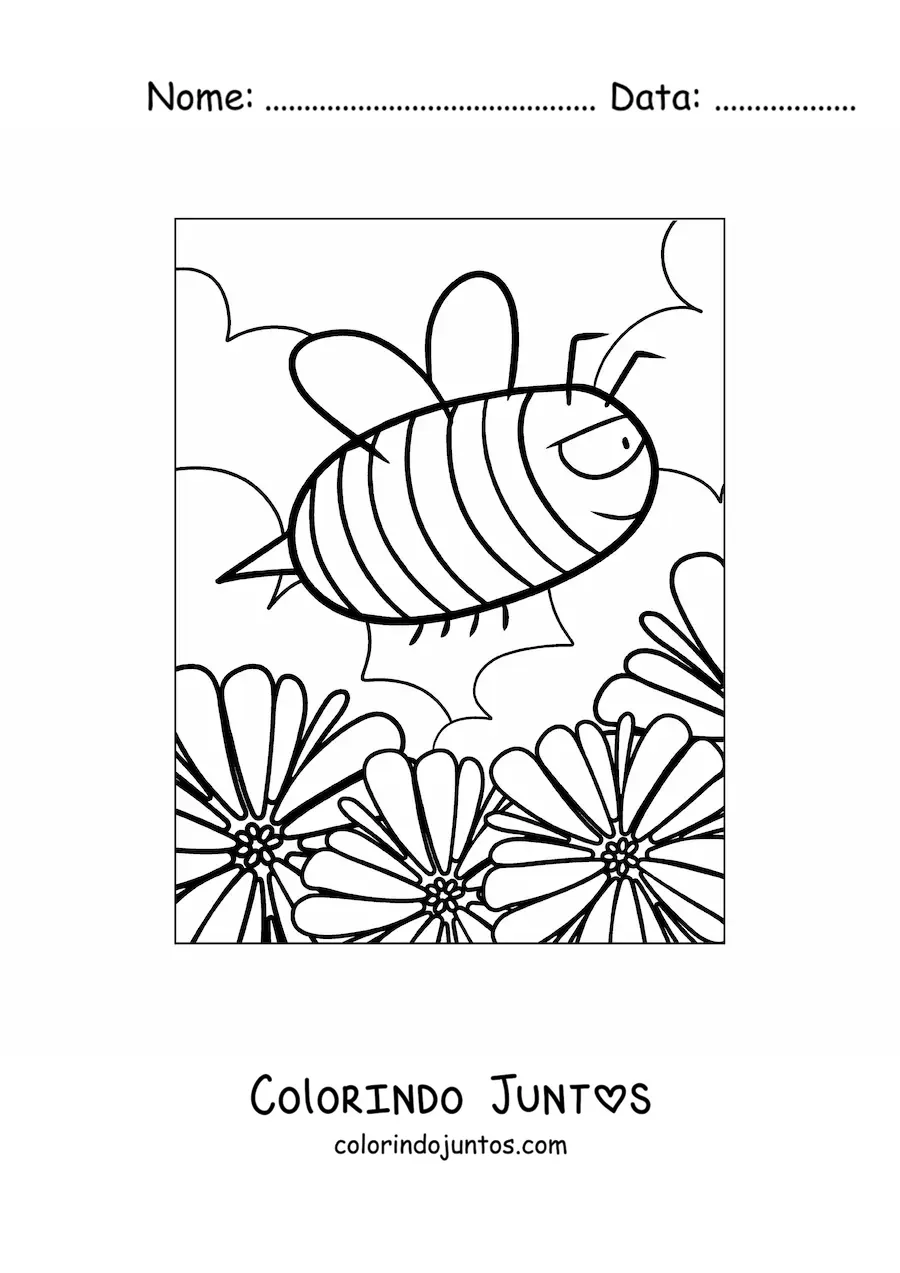 Desenho para colorir do desenho de uma abelha veloz voando sobre as flores