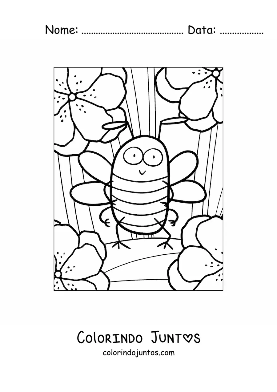 Desenho para colorir do desenho de uma abelha em duas patas de pe entre as flores
