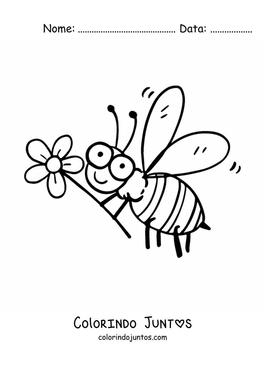 Desenho para colorir de uma abelha animada feliz voando segurando uma flor