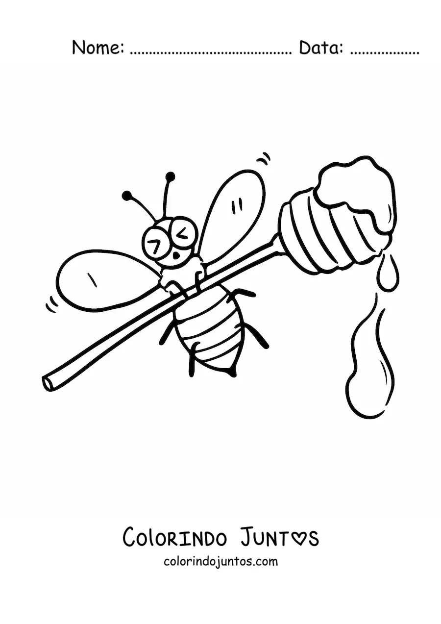 Desenho para colorir de uma abelha animada levantando uma colher de mel