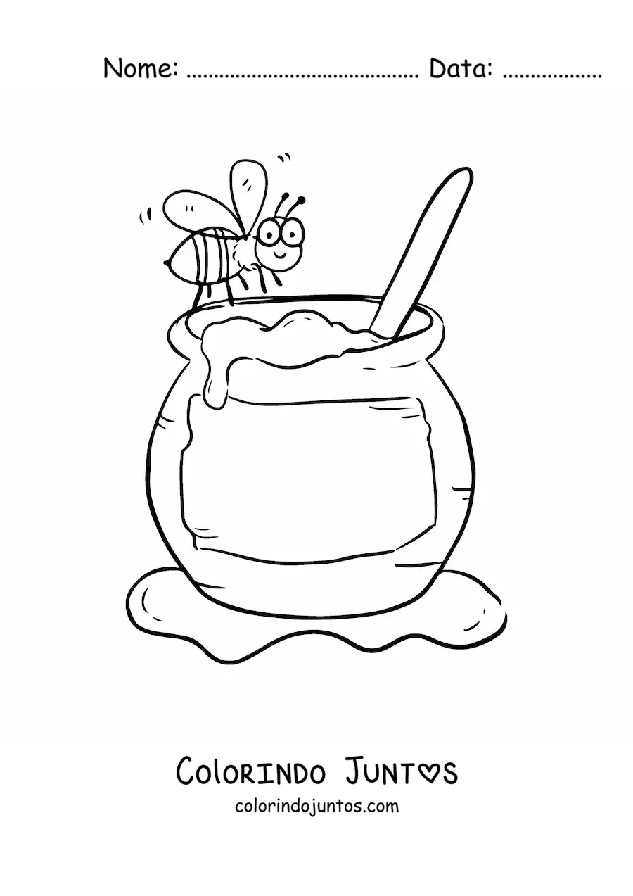 Desenho para colorir de uma abelha animada voando perto de um pote de mel