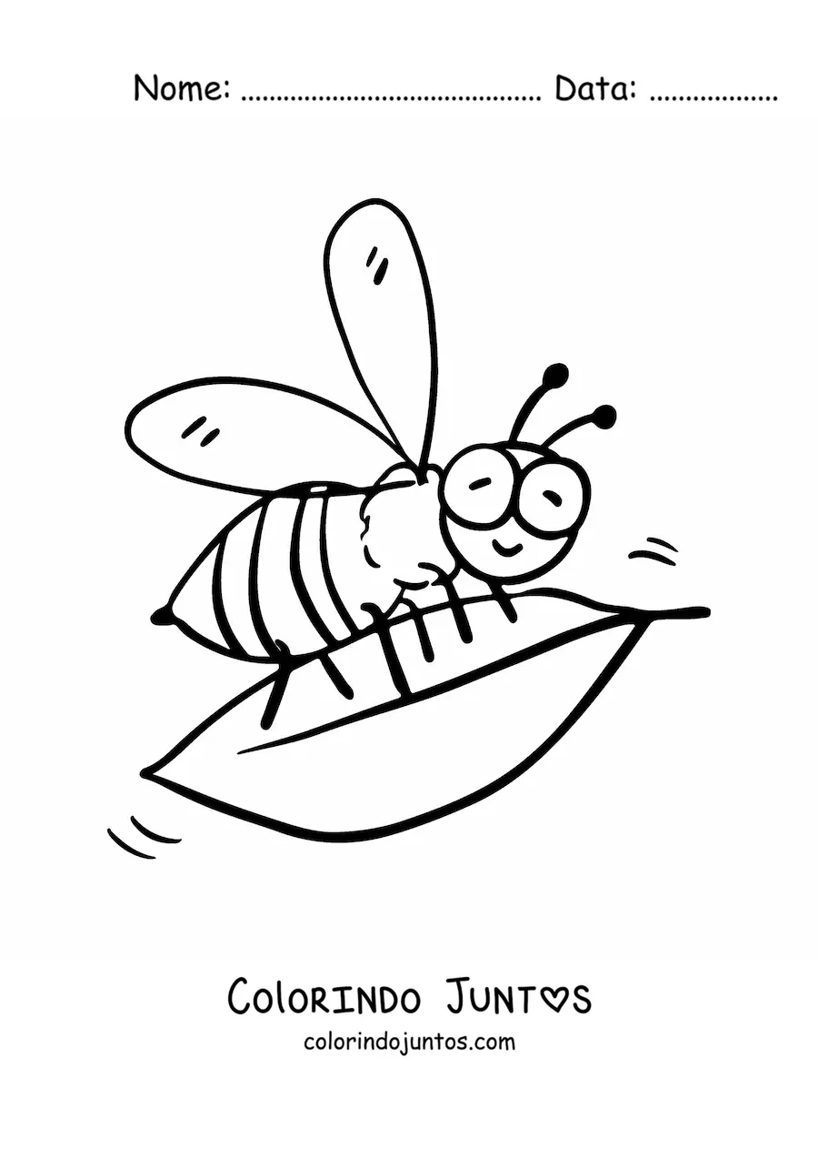 Desenho para colorir de uma abelha animada segurando uma folha