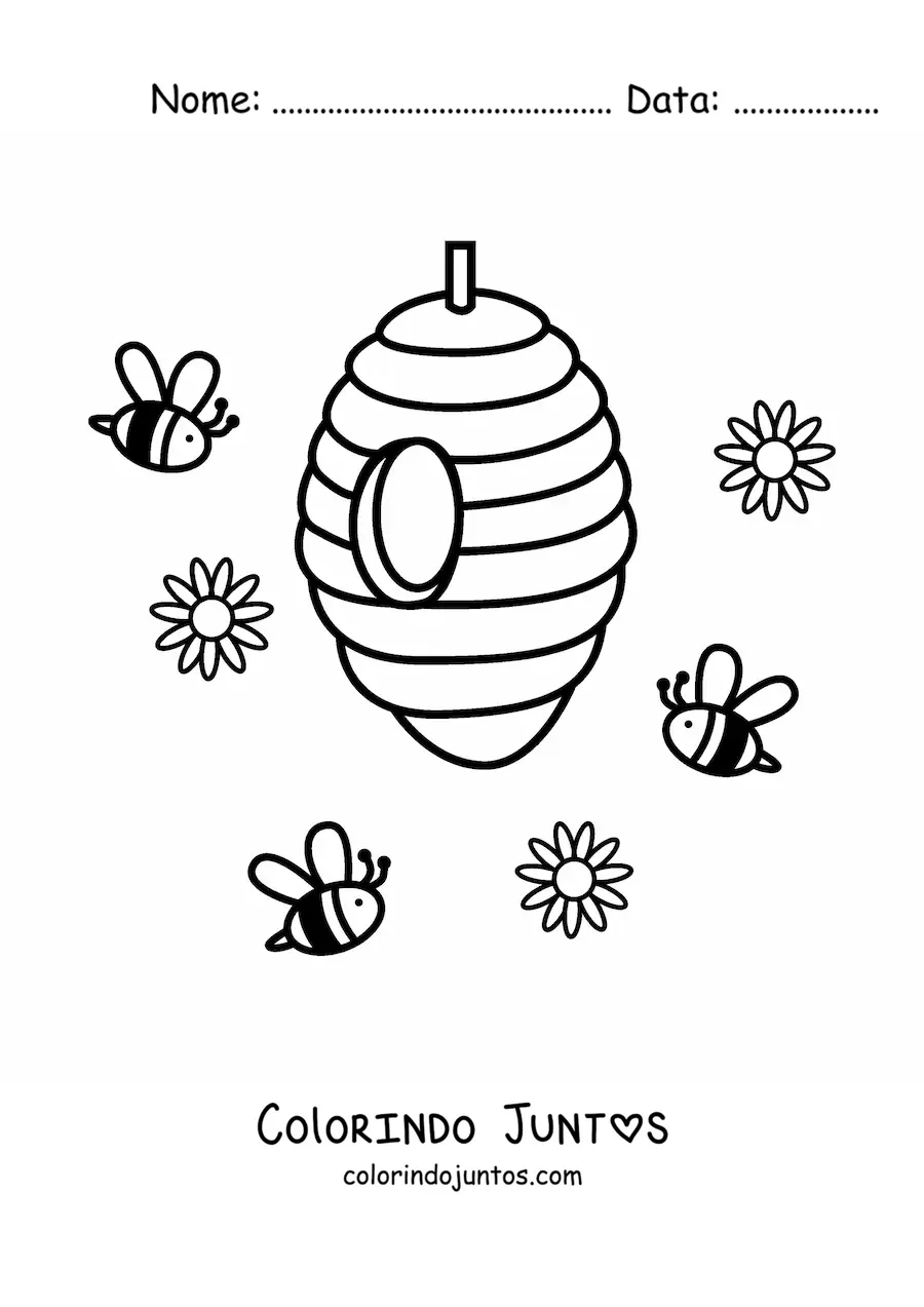 Desenho para colorir de varias abelhas animadas voando em direcao a um favo de mel junto a flores no ar