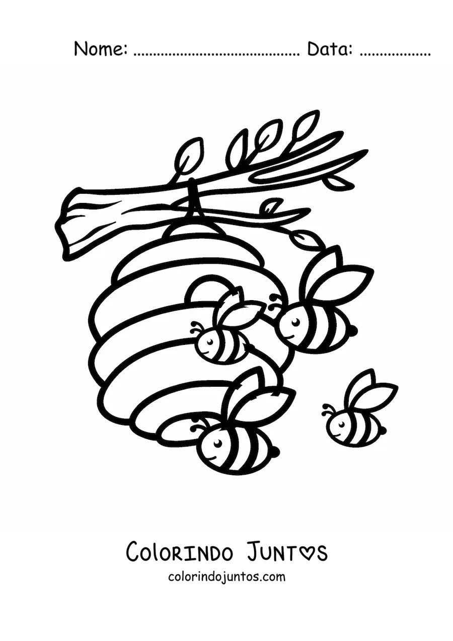 Desenho para colorir de uma colmeia de abelhas animadas perto de um favo de mel em um galho