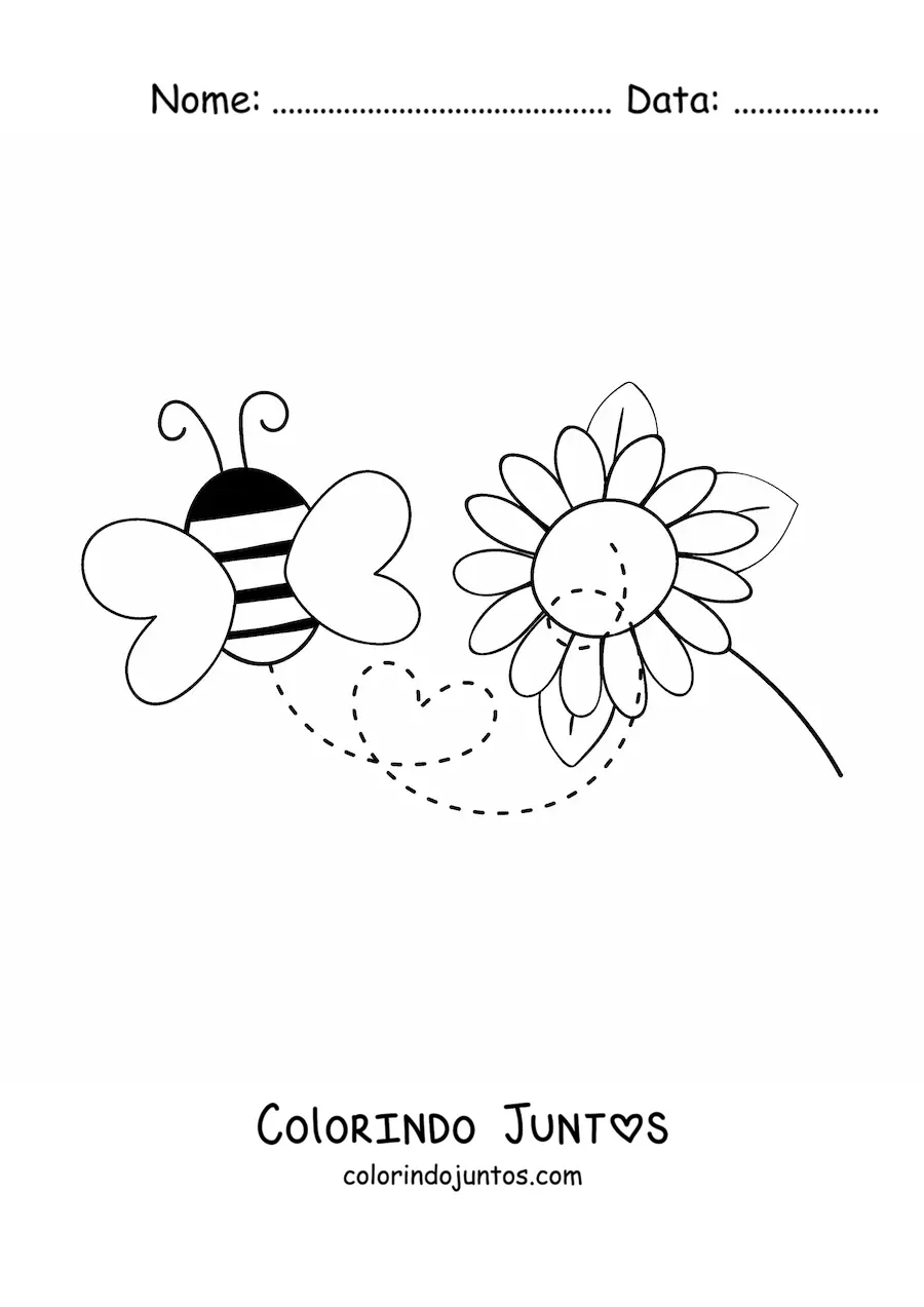 Desenho para colorir de uma abelha voando a partir de uma flor