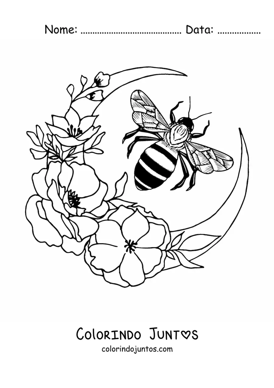 Desenho para colorir de uma abelha voando perto de uma meia lua decorada com flores