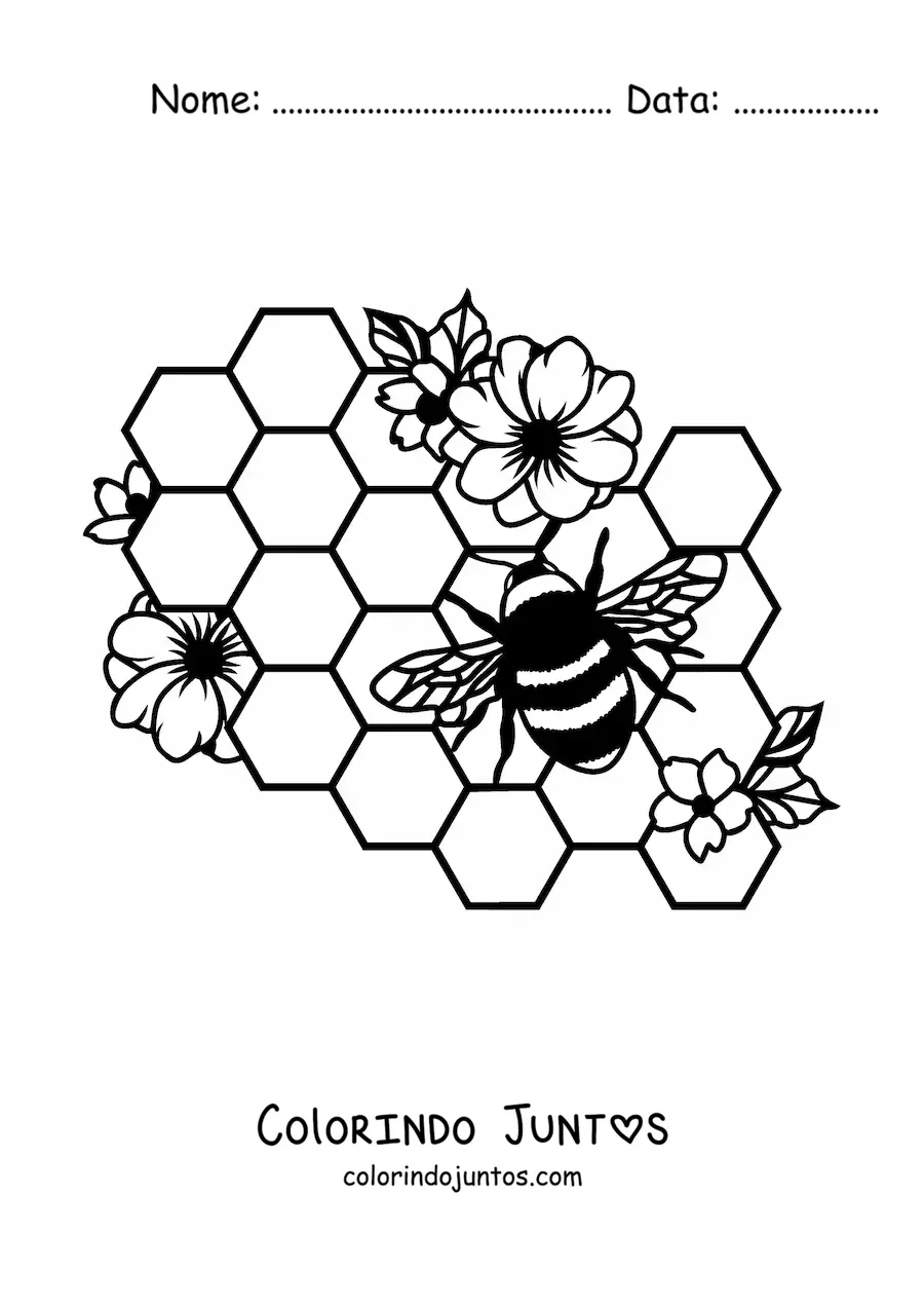 Desenho para colorir de uma abelha voando sobre as celulas de um favo de mel com flores