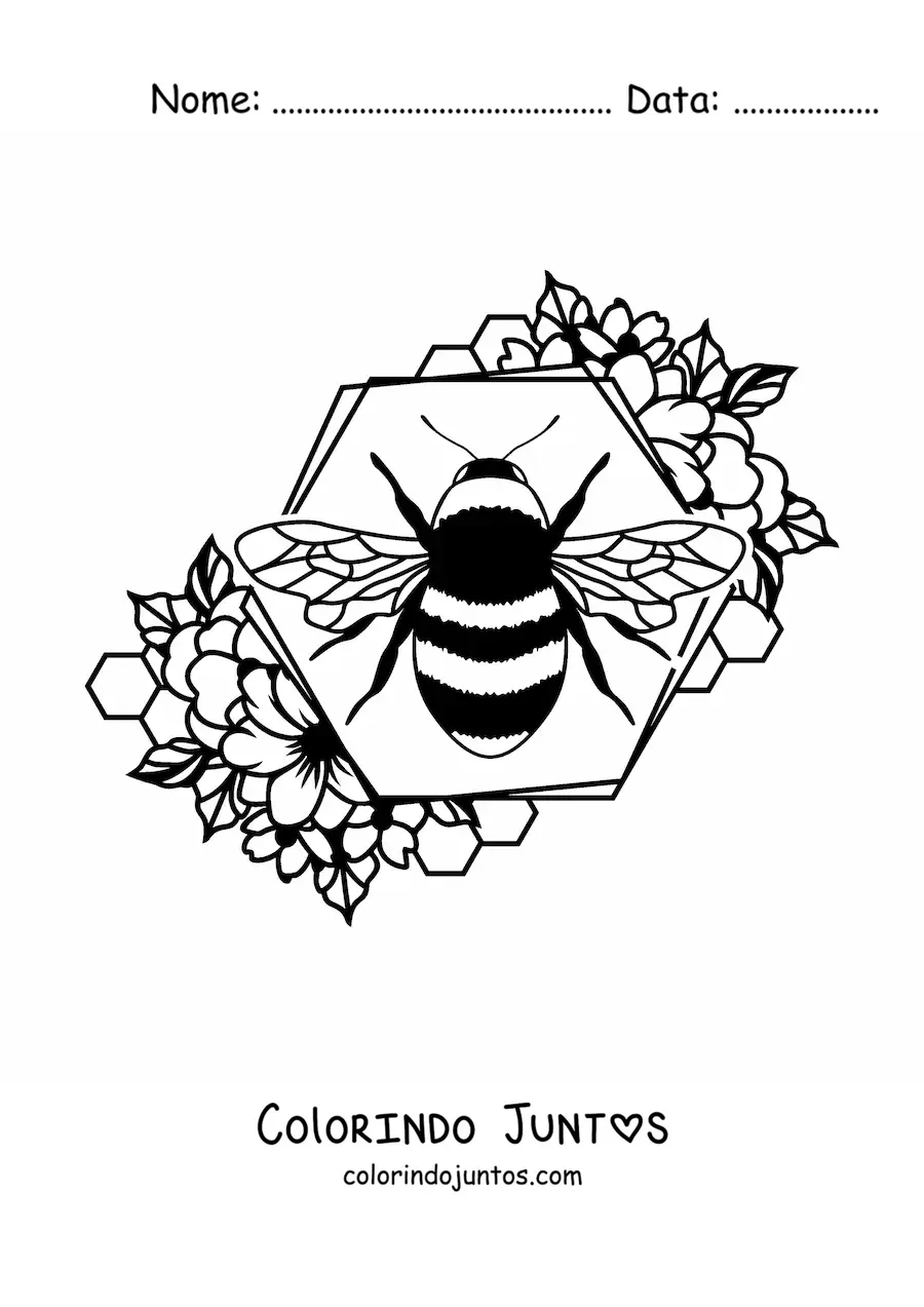 Desenho para colorir de uma abelha pequena sobre a celula de um favo de mel decorada com flores