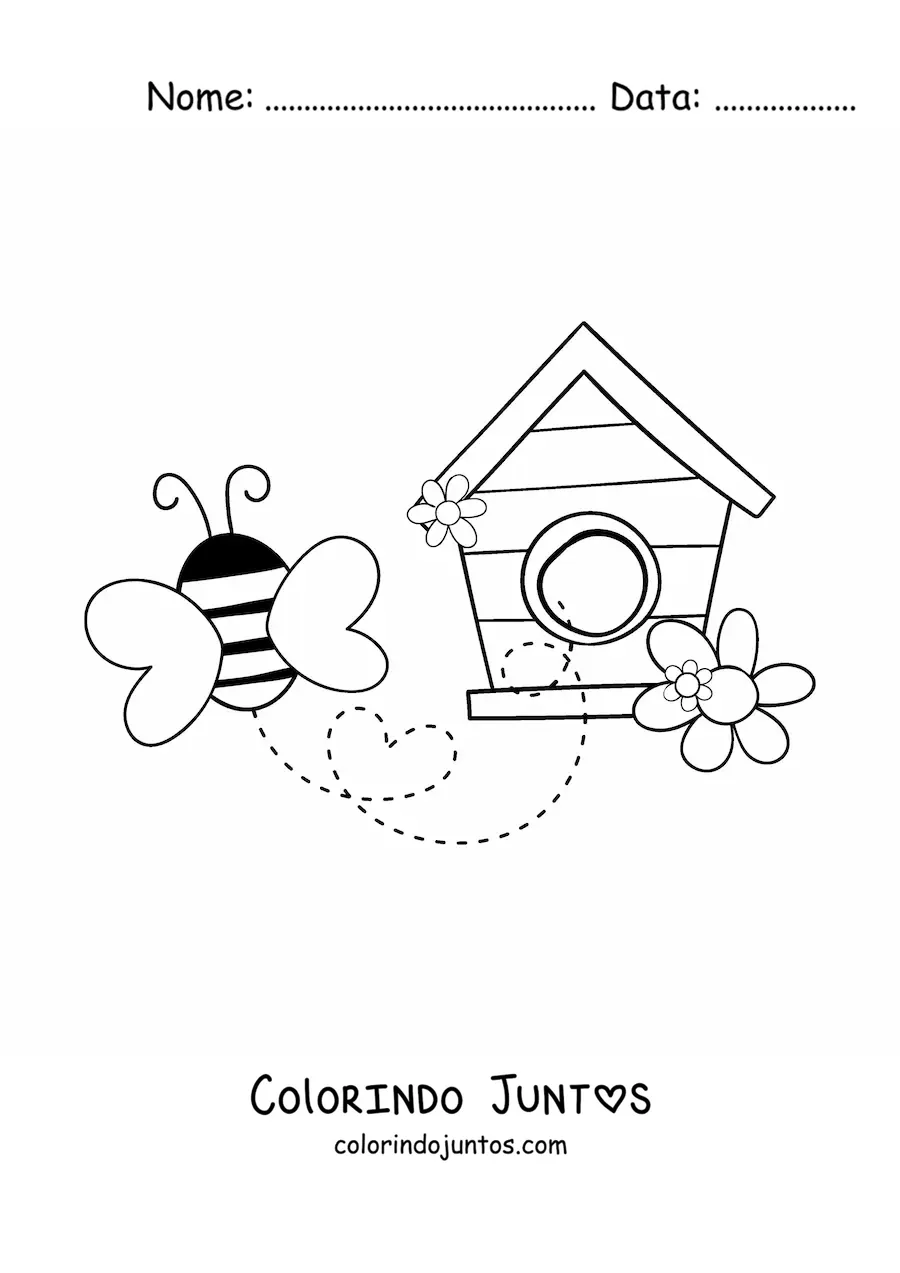 Desenho para colorir de uma abelha voando a partir de uma casa de madeira