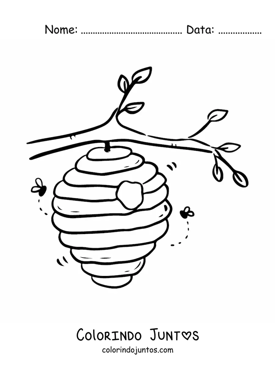 Desenho para colorir de um favo de abelhas pendurado em um galho