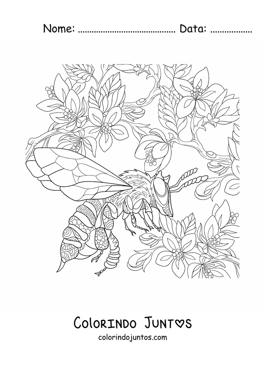 Desenho para colorir de uma abelha realista voando perto das flores