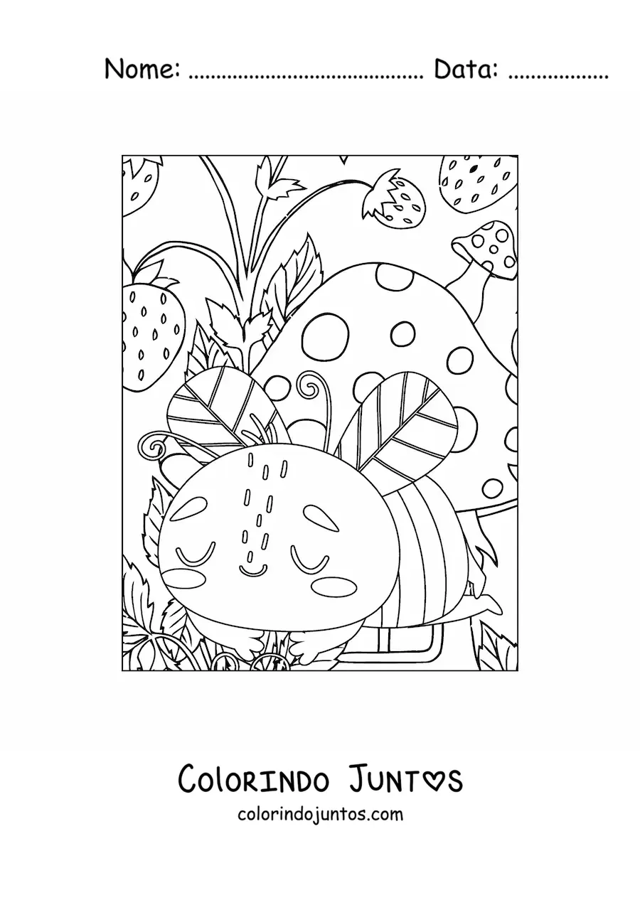 Desenho para colorir de uma abelha fofinha dormindo entre cogumelos e morangos