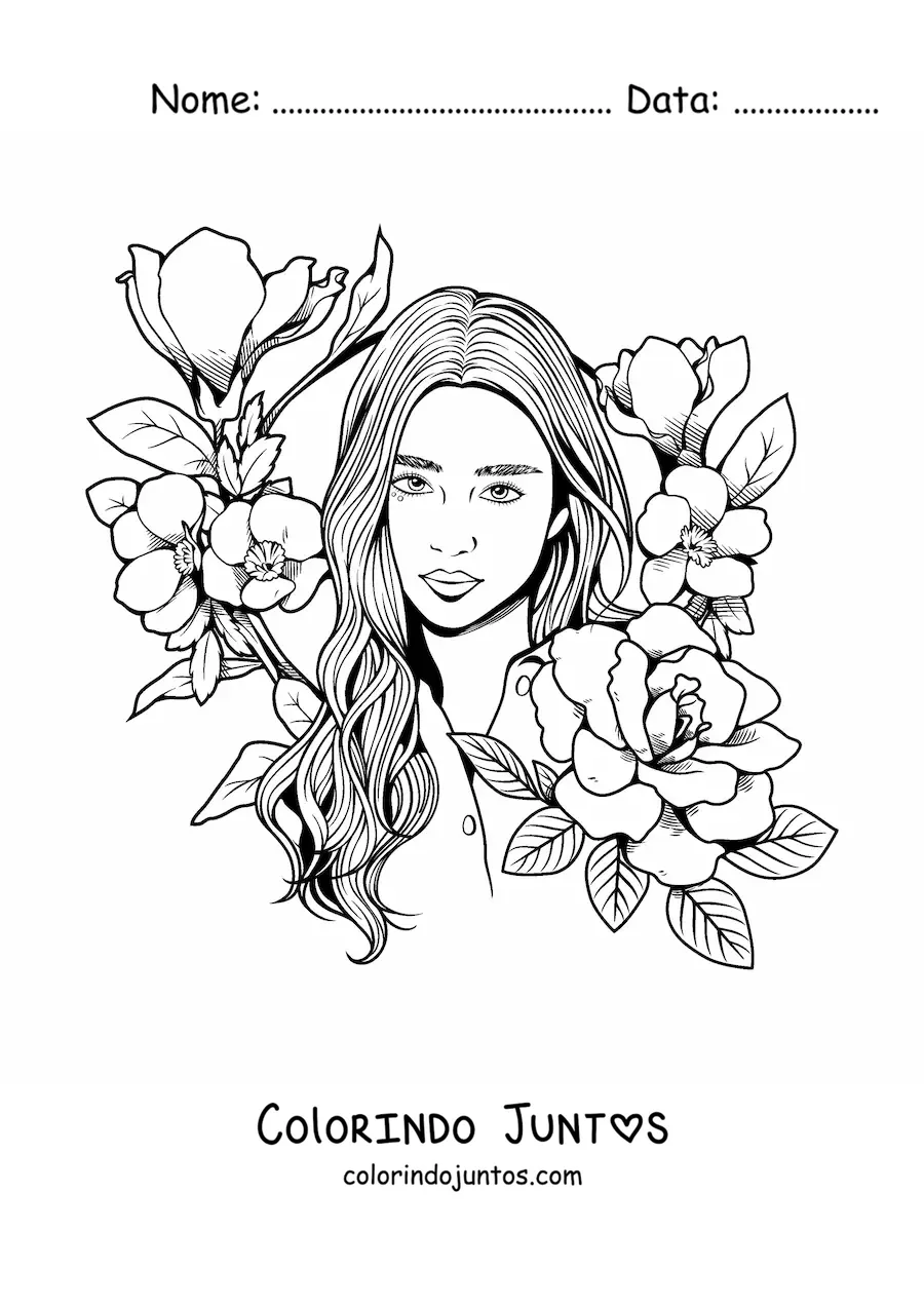 Desenho para colorir de uma mulher jovem em estilo realista cercada de flores
