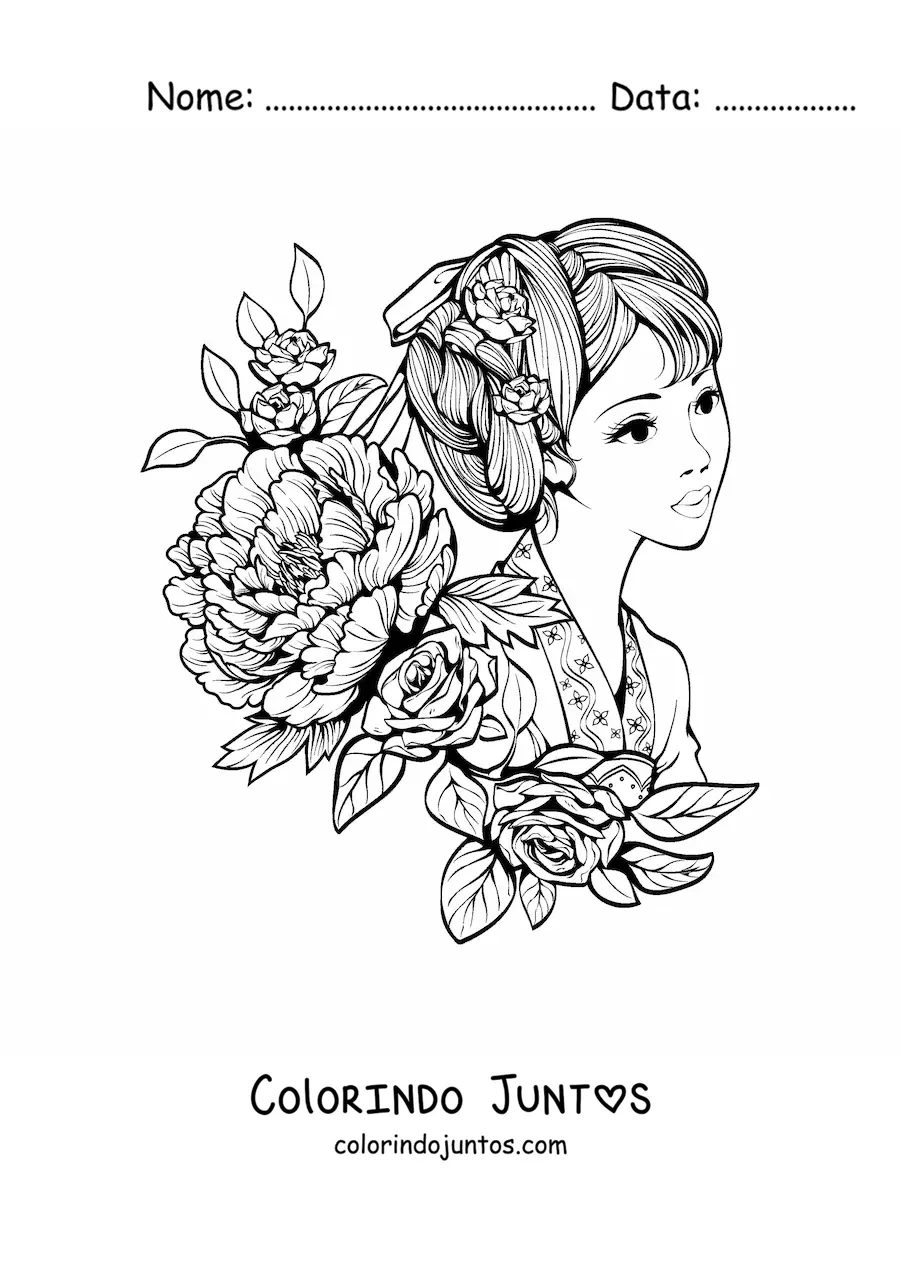 Desenho para colorir de uma mulher asiatica cercada de flores
