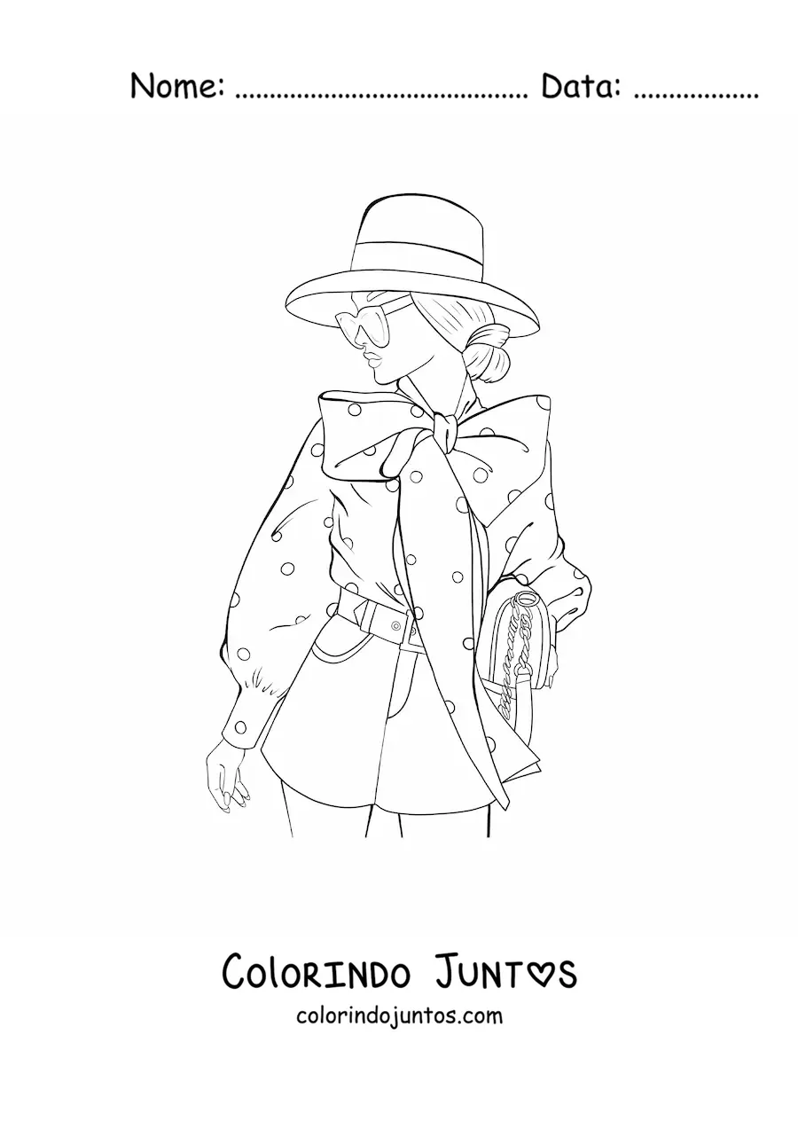 Desenho para colorir de uma mulher usando oculos de sol e um chapeu elegante
