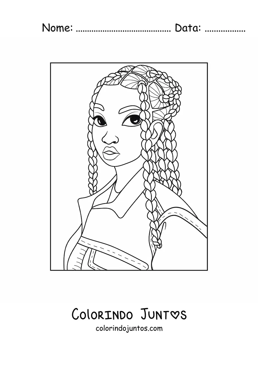Desenho para colorir de uma menina afro-americana com o cabelo trancado