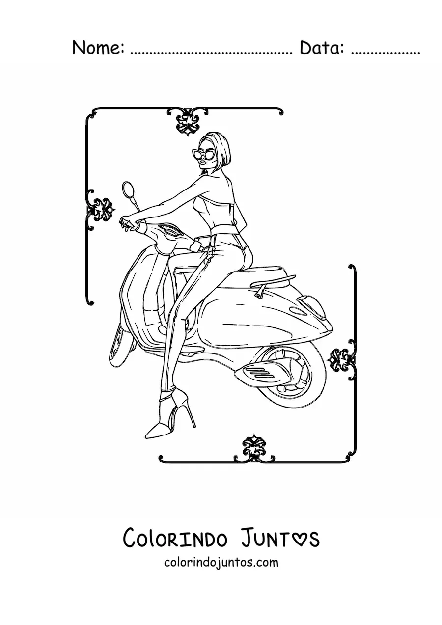 Desenho para colorir de uma mulher vestida com calcas pilotando uma motocicleta