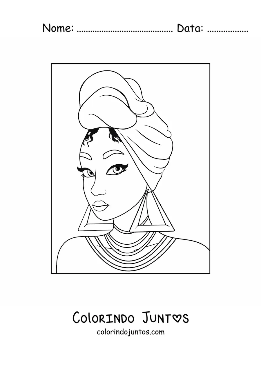 Desenho para colorir de uma garota afrodescendente com brincos grandes e um turbante
