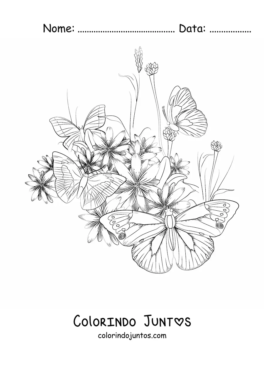 Desenho para colorir de varias borboletas pousadas sobre flores