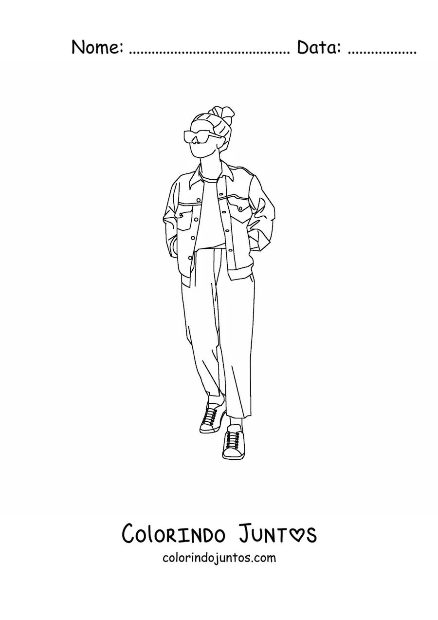 Desenho para colorir de uma garota com roupa moderna desenhada de corpo inteiro