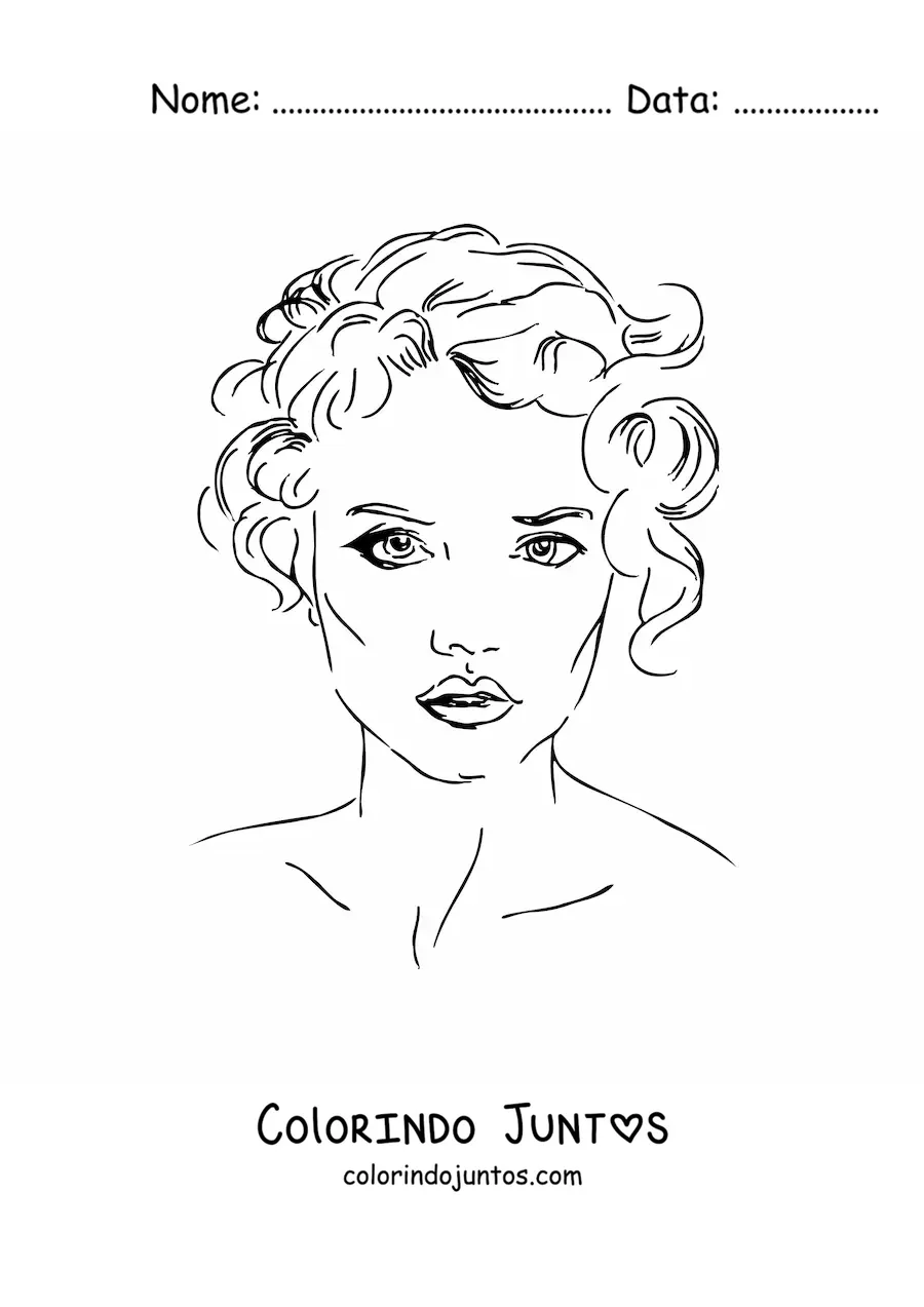 Desenho para colorir do rosto de uma mulher de cabelo curto em estilo realista
