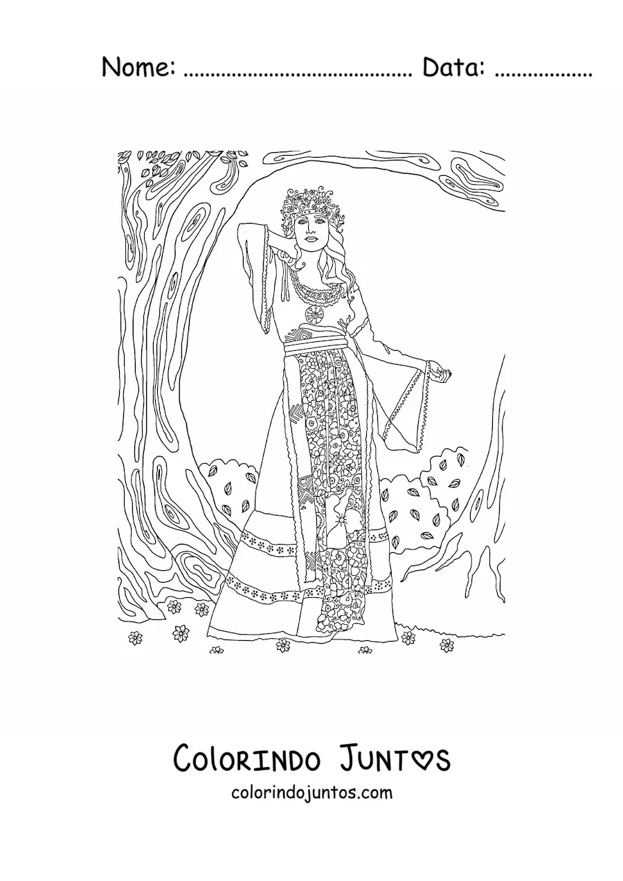 Desenho para colorir de uma garota vintage com um cenario de plantas e trepadeiras