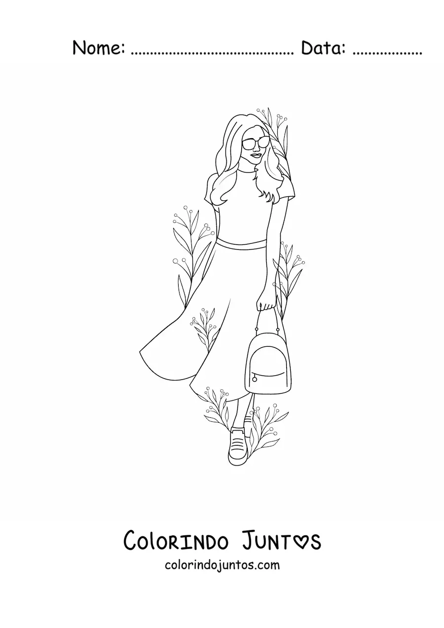 Desenho para colorir de uma garota moderna encostada em uma parede cercada de flores