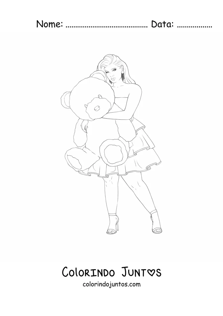 Desenho para colorir de uma garota com vestido curto casual segurando um ursinho de pelucia