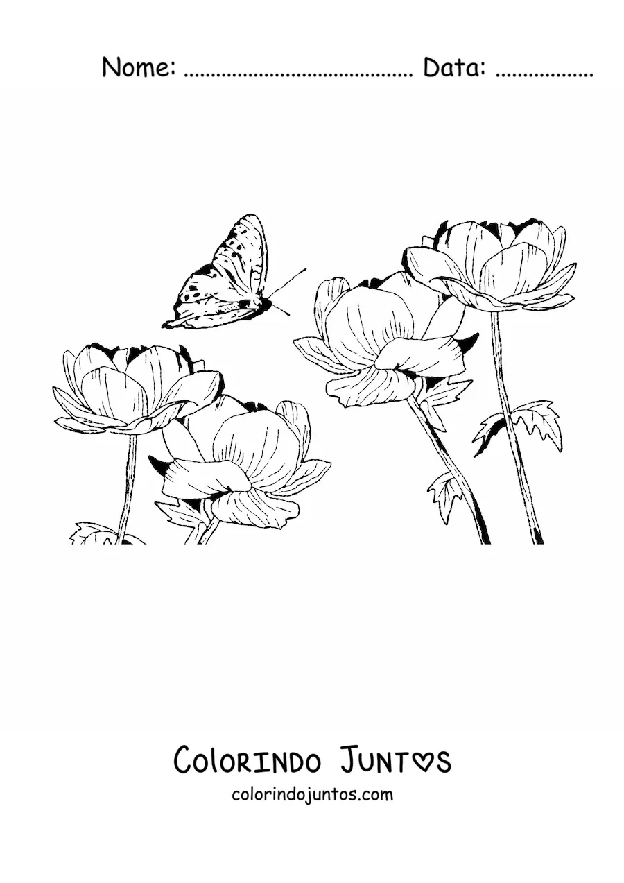 Desenho para colorir de uma borboleta voando sobre flores silvestres