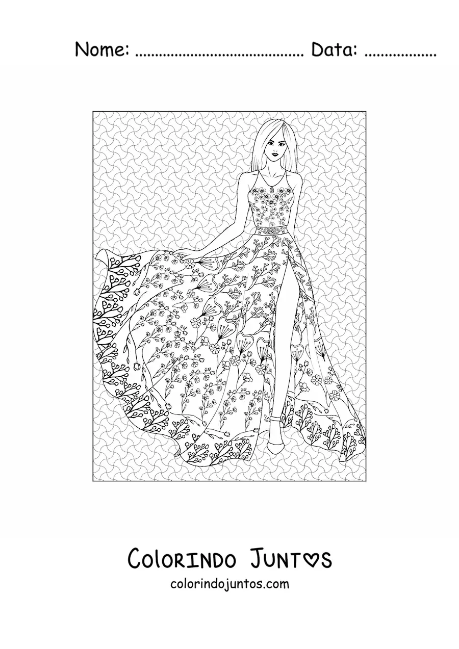 Desenho para colorir de uma mulher com um vestido longo de estampa florida