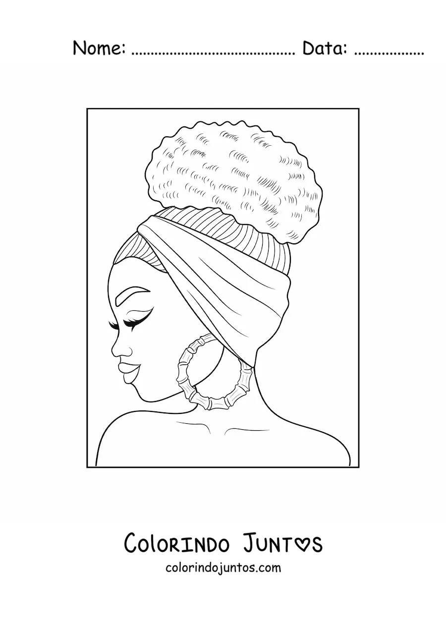 Desenho para colorir de uma mulher afrodescendente com brincos grandes e o cabelo preso
