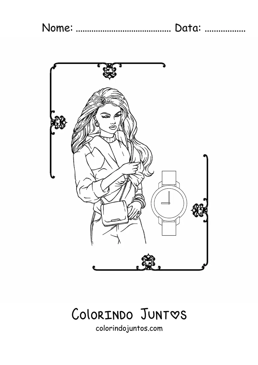 Desenho para colorir de uma mulher vestindo uma jaqueta e um relogio