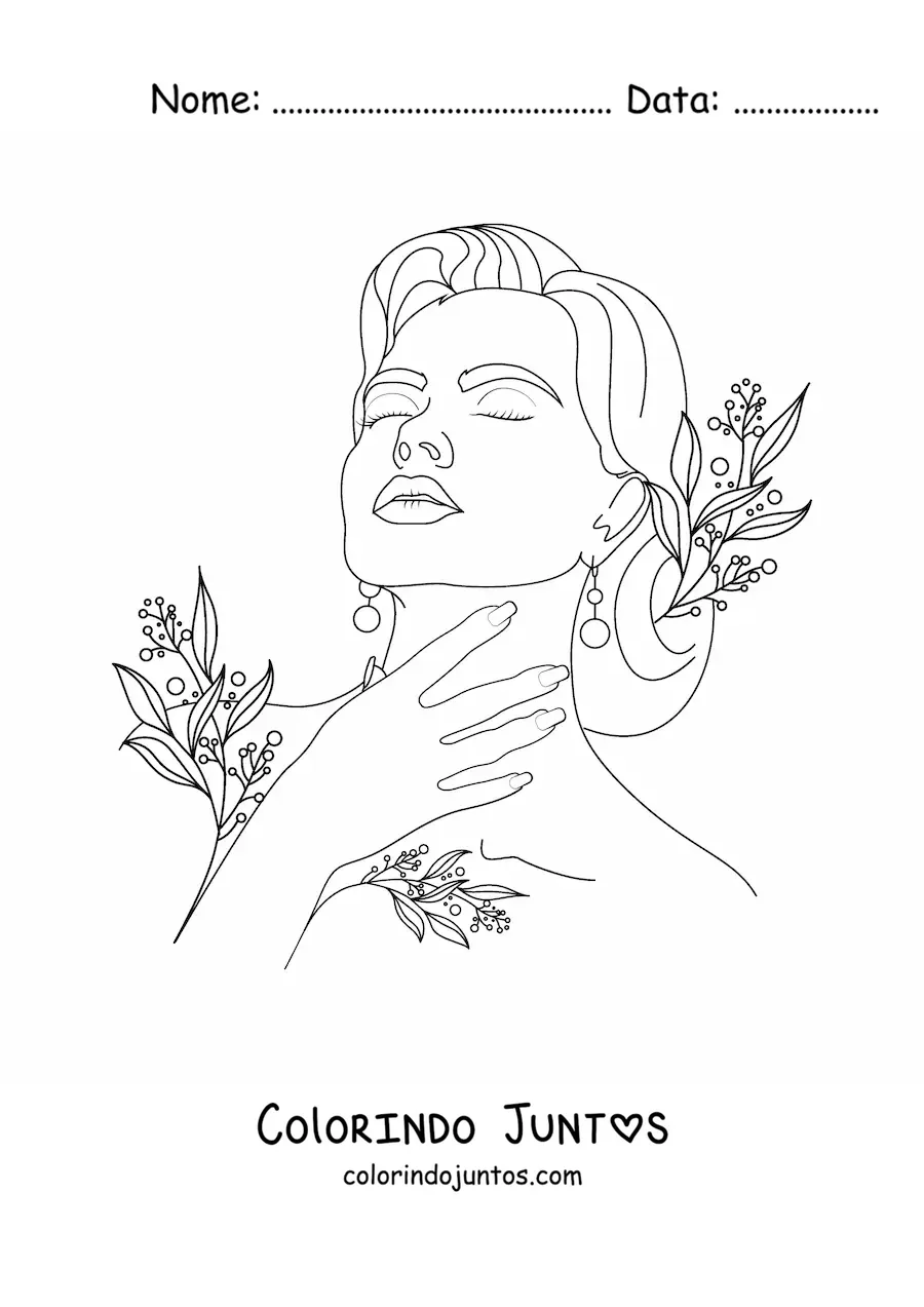 Desenho para colorir do rosto de uma mulher realista cercado de flores