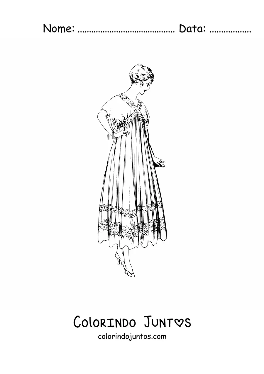 Desenho para colorir de uma mulher vestida com um vestido vintage